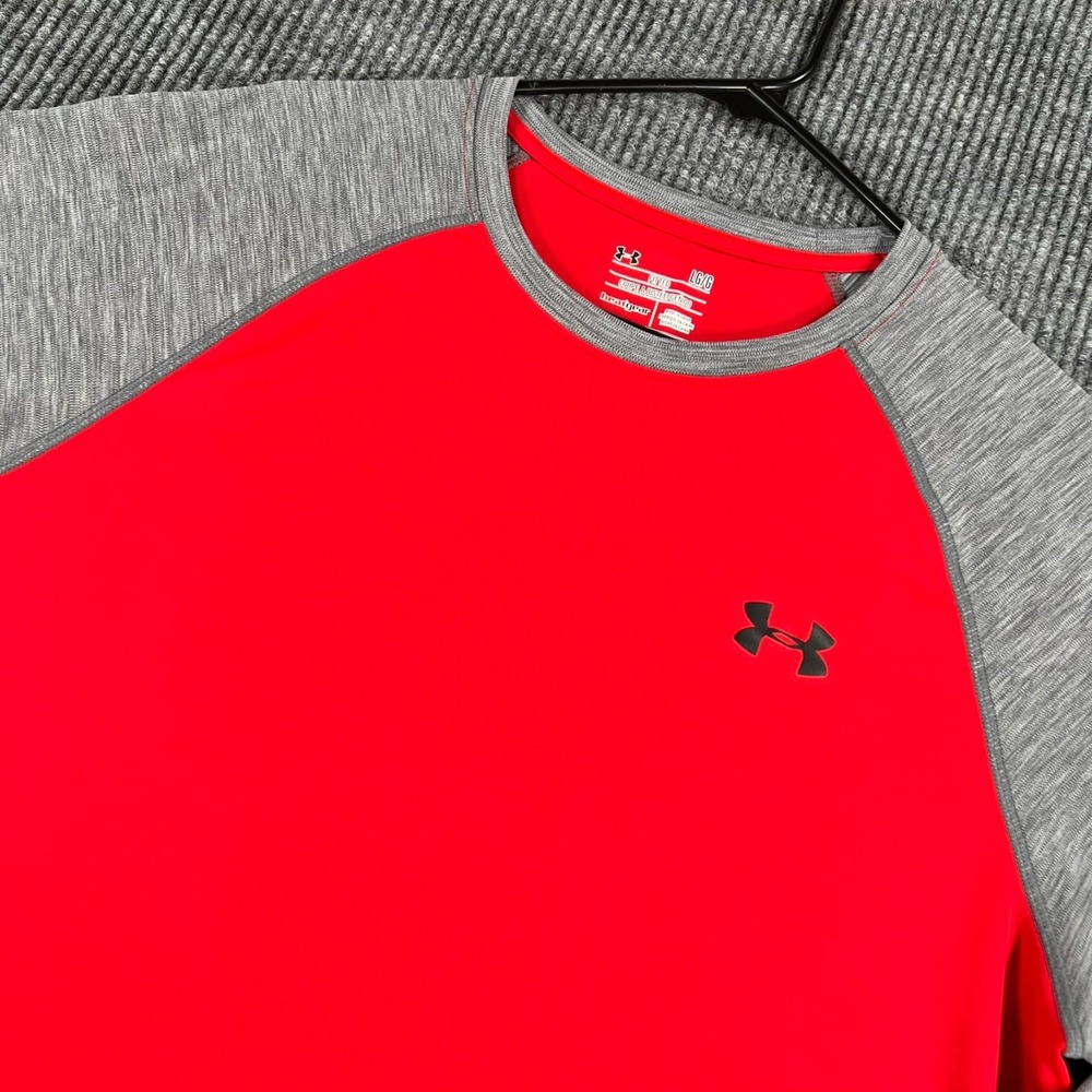 Under Armour Shirt Mens Large Red Gray Fitted Long Sleeve Heat Gear Active